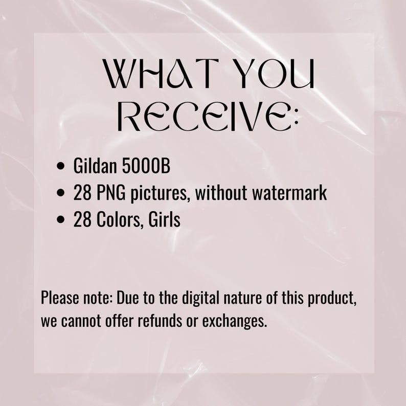 May include: A text-based image listing the contents of a digital product. The text reads: "WHAT YOU RECEIVE: &bull; Gildan 5000B &bull; 28 PNG pictures, without watermark &bull; 28 Colors, Girls Please note: Due to the digital nature of this product, we cannot offer refunds or exchanges."