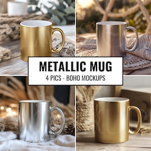 May include: Four metallic mugs in different settings. Two gold mugs and two silver mugs. The mugs are on a wooden table, a white surface, and a brown surface. The mugs are surrounded by natural elements like wood, rope, and plants.  The text "METALLIC MUG 4 PICS - BOHO MOCKUPS" is displayed on the image.