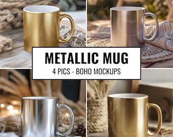 Metallic Mug Mockup Boho Silver Mug Mockup Coffee Cup Mockup Aesthetic Boho Mug Mockup Bundle Metallic Coating Cup 11oz Mockup Gold Mug