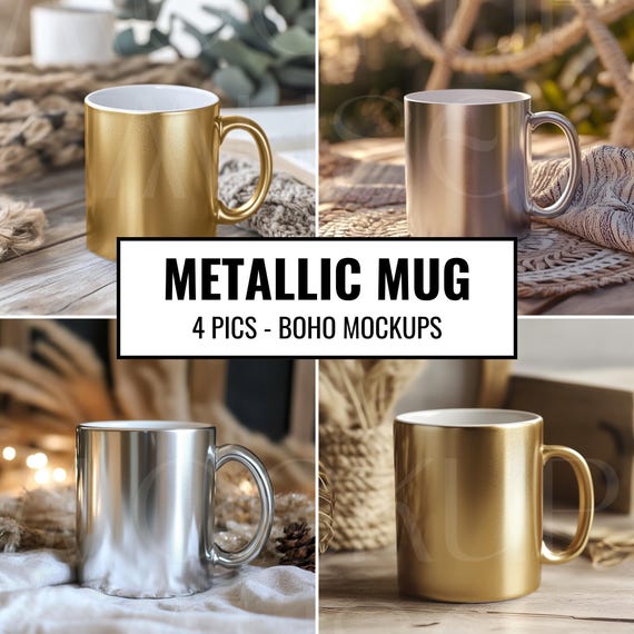 Metallic Mug Mockup Boho Silver Mug Mockup Coffee Cup Mockup Aesthetic Boho Mug Mockup Bundle Metallic Coating Cup 11oz Mockup Gold Mug