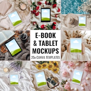 Può includere: Un collage di mockup di tablet con vari sfondi, tra cui fiori, un cappello e una tazza di caffè. I tablet mostrano un paesaggio con cielo blu e colline verdi. Il testo recita "E-BOOK & TABLET MOCKUPS 25x CANVA TEMPLATES."
