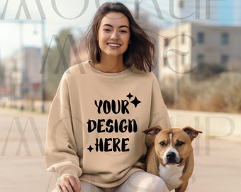 Gildan 18000 Sweatshirt maquette chien pull Doglover maquette Gildan maquette Gildan maquette chien maman Gildan 18000 sable pull fille avec chien