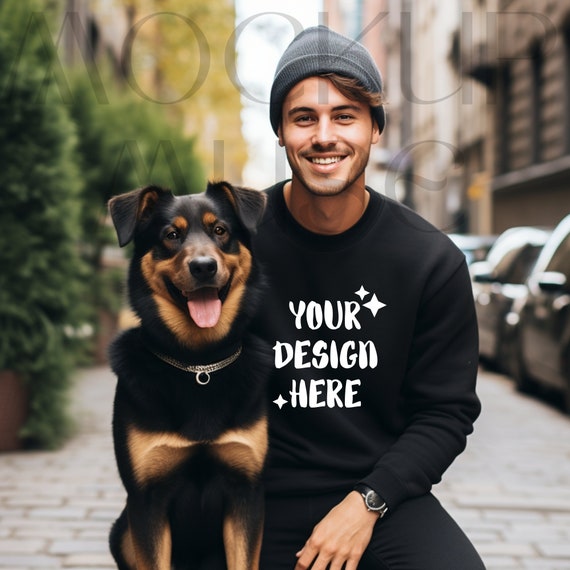 Gildan 18000 Mockup Black Sweater Male Mockup With Dog Lover Gildan Sweatshirt Mockup Dog Black Shirt Mockup Lifestyle Man With Dog Mockup