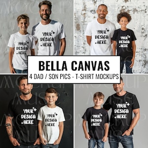 May include: Four mockups of t-shirts featuring a father and son wearing matching shirts. The shirts are white and black with the text "Your Design + Here" printed on them.