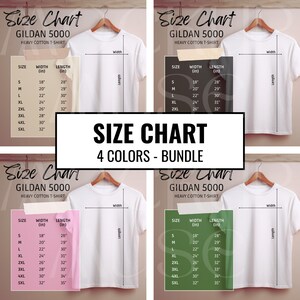 Peut inclure: Tableau des tailles pour les t-shirts en coton lourd Gildan 5000. Le tableau indique la largeur et la longueur en pouces pour les tailles S &agrave; 5XL.