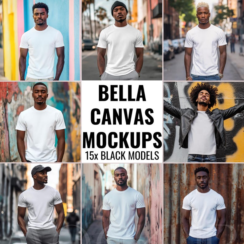 Puede incluir: Una colecci&oacute;n de 15 modelos negros que llevan camisetas blancas en varios entornos urbanos. La imagen se titula "Bella Canvas Mockups 15x Black Models".