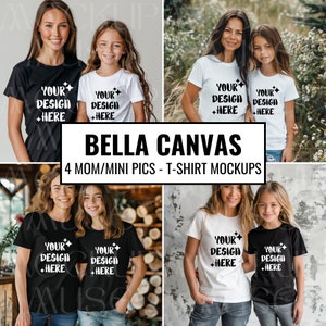 May include: Four images of mothers and their children wearing black and white t-shirts with the text "Your Design + Here" printed on them. The images are set against a variety of backgrounds, including a wooden wall, a brick wall, and a grassy field.