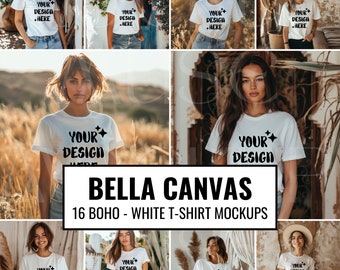 May include: A collage of 16 white t-shirt mockups. Each mockup features a person wearing a white t-shirt with the text "YOUR DESIGN + HERE". The text "BELLA CANVAS" and "16 BOHO - WHITE T-SHIRT MOCKUPS" are also visible.