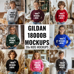 Kids sweater mockup bundel sweater kleine jongens peuter mockup kind Gildan 18000B mockup meisjes sweater mockup kinderen ronde hals boho