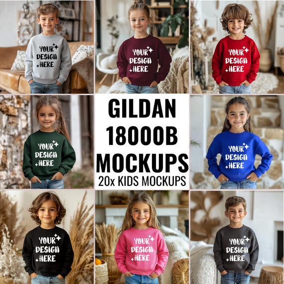 Kids Sweater Mockup Bundle Sweatshirt Little Boys Toddler Mockup Child Gildan 18000B Mockup Girls Sweatshirt Mockup Childrens Crewneck Boho