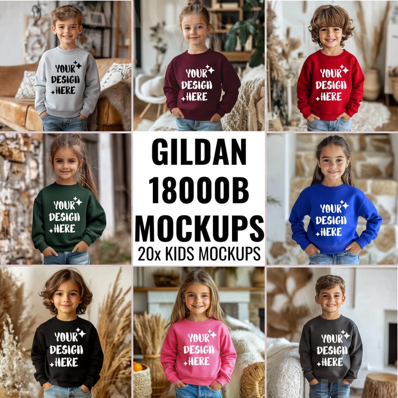 May include: A set of 20 Gildan 18000B kids' mockups featuring various colors and poses. The mockups are perfect for showcasing your designs on sweatshirts.