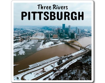 Frozen Pittsburgh - Pittsburgh Pennsylvania cityscape skyline three rivers mountain view winter landscape artwork custom magnet