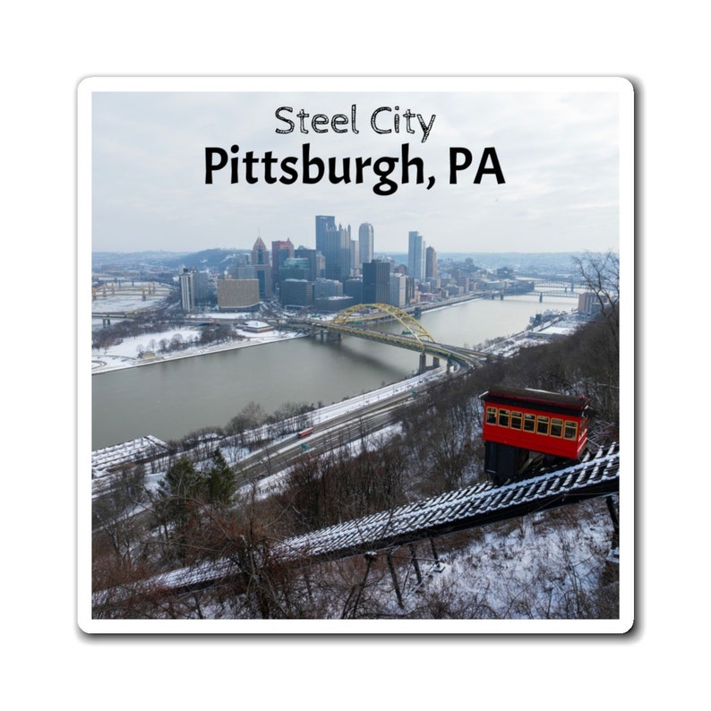 Pente enneigée Skyline de paysage urbain de Pittsburgh, Pennsylvanie, vue panoramique Duquesne Incline oeuvre aérienne d'hiver, aimants personnalisés image 3