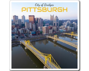 Morning Sisters - Pittsburgh Pennsylvania skyline cityscape sunrise bridges aerial artwork custom magnets