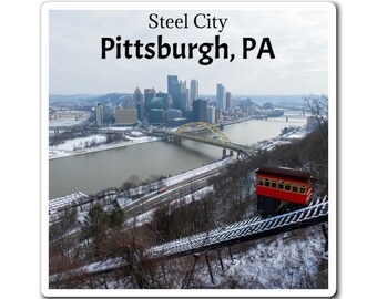 Pente enneigée - Skyline de paysage urbain de Pittsburgh, Pennsylvanie, vue panoramique Duquesne Incline oeuvre aérienne d'hiver, aimants personnalisés