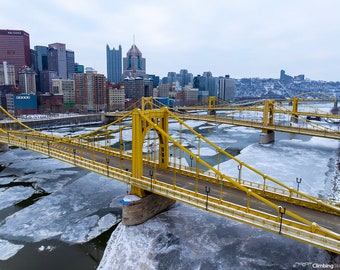 Frozen Sisters Into City - Pittsburgh Pennsylvania skyline cityscape bridge river scenic winter artwork aerial digital photo image print
