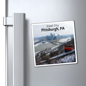Pente enneigée Skyline de paysage urbain de Pittsburgh, Pennsylvanie, vue panoramique Duquesne Incline oeuvre aérienne d'hiver, aimants personnalisés image 5