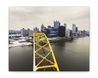 Entrée Fort Pitt - Pittsburgh, Pennsylvanie, paysage urbain, pont, vue panoramique, hiver, oeuvre d'art, toile, impression photo