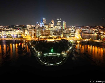 Festive Point - Pittsburgh Pennsylvania city bridges skyline cityscape downtown Christmas colorful unique wall decor artwork digital photo
