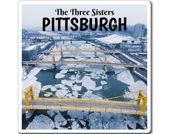 Aimant personnalisé Frozen Sisters - Pittsburgh Pennsylvanie soeurs ponts hiver paysage urbain rivière oeuvre d'art aimant