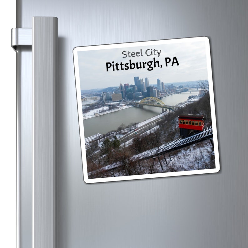Pente enneigée Skyline de paysage urbain de Pittsburgh, Pennsylvanie, vue panoramique Duquesne Incline oeuvre aérienne d'hiver, aimants personnalisés image 6