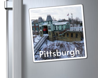 Snowy Wait - Pittsburgh Pennsylvania Duquesne Incline historic landmark funicular attraction winter artwork custom magnet