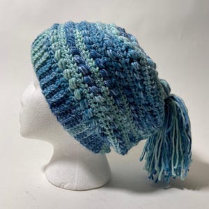 Cozy Handmade Crochet Slouch Beanie Hat and Matching Scarf Set in Variegated Blue – Warm and Stylish Winter Accessory