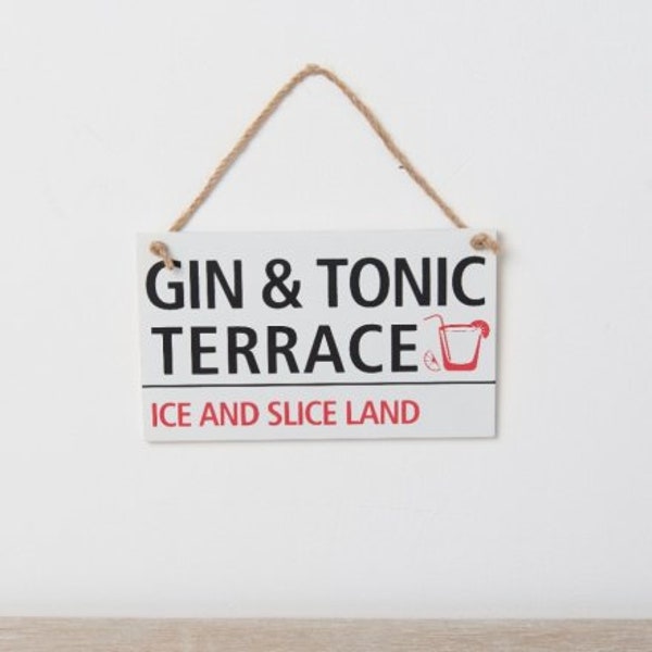 Hanging 'Gin & Tonic Terrace' Wooden Sign, 18cm - Rustic Home Bar Decor Accent