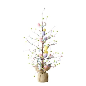 Hoher Osterbaum mit Eiern, 66 cm – Rustikaler Holzbaum mit hängenden Eiern – Frühlingsdeko für Zuhause, Tisch oder Party – Weiß und Pastell