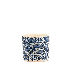 Small Flower Design Ceramic Planter 13.5cm – Embossed Floral Indoor Plant Pot – Neutral Tone Decorative Pot for Succulents, Herbs, or