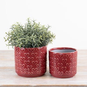 Puede incluir: Dos macetas de cerámica roja con un patrón de corazones. Una maceta contiene una planta verde. Las macetas son cilíndricas y tienen un acabado brillante. El patrón de corazones está en relieve, creando una superficie texturizada. Medidas en cm.