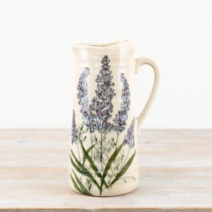 Brocca per lavanda da 27,5 cm – Brocca rustica in ceramica smaltata con illustrazione vintage di fiori di lavanda