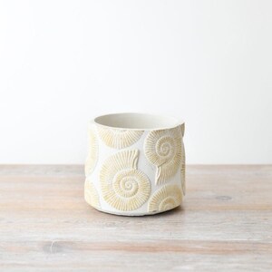 Vaso pequeno de cerâmica em formato de concha do mar, 12 cm – Vaso esmaltado com estilo costeiro para suculentas, ervas ou miniplantas – Decoração náutica texturizada para interiores.