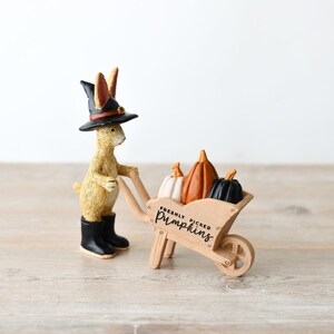 Figura de Jasper Rabbit en un campo de calabazas, 14 cm. Decoración otoñal de conejo mago.