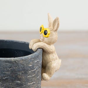 May include: A beige bunny ornament wearing yellow sunflower glasses, perched on the rim of a dark grey textured pot. The bunny has detailed fur and a small white tail, a charming garden decoration.