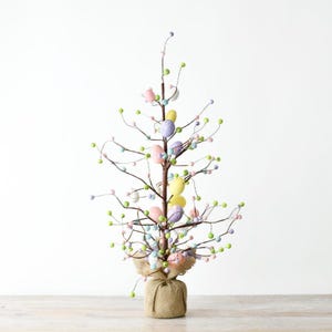 Tall Easter Egg Tree Decoration 66cm – Rustic Wooden Tree with Hanging Eggs – Spring Home, Table, or Party Décor – White and Pastel
