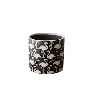 Maceta de cerámica con forma de flamenco, 14 cm, elegante maceta decorativa en negro y crema.