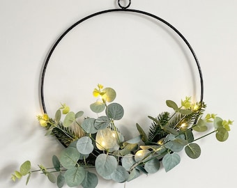 30cm LED Circle Wire Eucalyptus Wreath - Hoop Half Wreath with Leaves and Lights - Modern Home Decor Accent