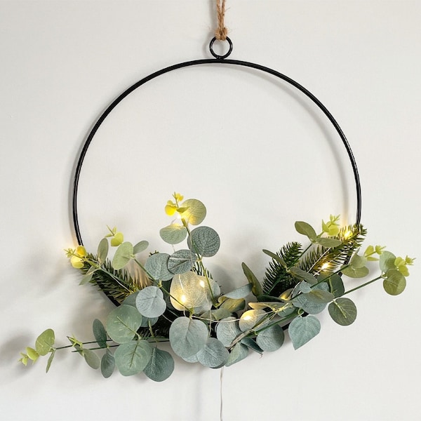 30cm LED Circle Wire Eucalyptus Wreath - Hoop Half Wreath with Leaves and Lights - Modern Home Decor Accent