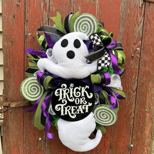 Ghost Halloween Wreath, Halloween Front Door Wreath, Lime, Purple, White & Black Wreath, Ghost Wreath, Fall Door Wreath, Housewarming Gift