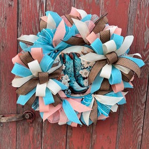 Rustic Country Boots Wreath, Turquoise, Pink, and Brown Western Decor, Farmhouse Style Door Hanger, Front Door Wreath, Rustic Country Wreath