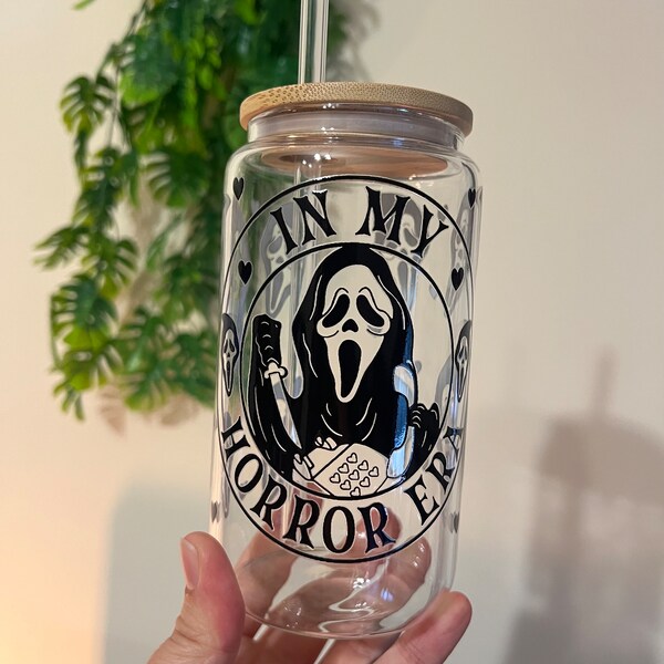 In my horror era ghostface glass cup 16oz with bamboo lid and straw spooky ghost face cup in my era glass can beer coffee drinks cup