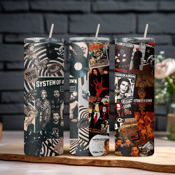 System of a Down tumbler double wall 20oz stainless steel skinny tumbler with 2 straws and lid rock band tumbler SOAD tumbler nu metal band