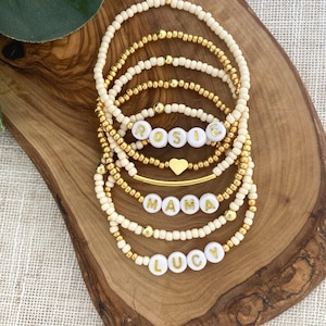 Cream White Personalized Word Bracelet Stretch Kids Name Jewelry Custom Size Beaded Gift Idea for Mom Stocking Stuffer Wife Girlfriend