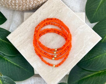 THE TANGERINE STACK | 5 Piece Orange Beaded Bracelet Set | Custom Stretch Jewelry | Gold or Stainless Accent | Color Couples Collection