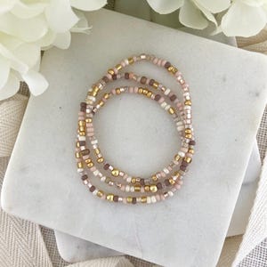 SUNLIT SANDS | Beaded Stretch Bracelets | Neutral Champagne Tan and Gold | 3mm Seed Bead Bracelets | Custom Christmas Gift for Moms or Teens