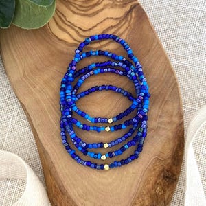 NAVY NIGHTS | Beaded Stretch Bracelet | Dark Blue 3mm Seed Bead Bracelet | Dainty Mixed Bead Minimalist Jewelry | Gold Accent | Layer Stack