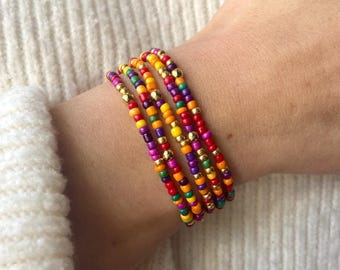 SPICE THEORY | Fall Colors Seed Bead Stretch Bracelet | 3mm Red and Gold Seed Bead Jewlery | Custom Size | Dainty Minimalist Bracelet Stack