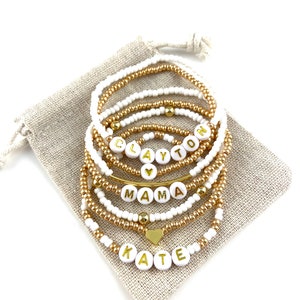 WHITE | Personalized Kids Name Bracelet Set | Mix and Match | Gold Filled | Custom Word Mama Stack | Minimalist Stretch Beaded Jewelry