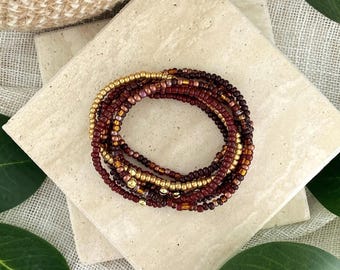 DEEP ROOTS | 8 Piece Bronze and Brown Stretch Beaded Bracelet Set | Gold Finish | Custom Size Fall Stack | Curated Collection